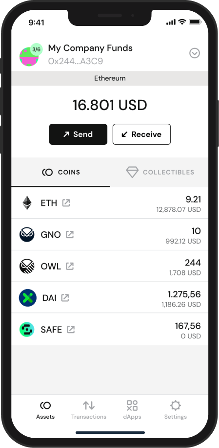 Assets view on QFS VAULT LEDGER mobile